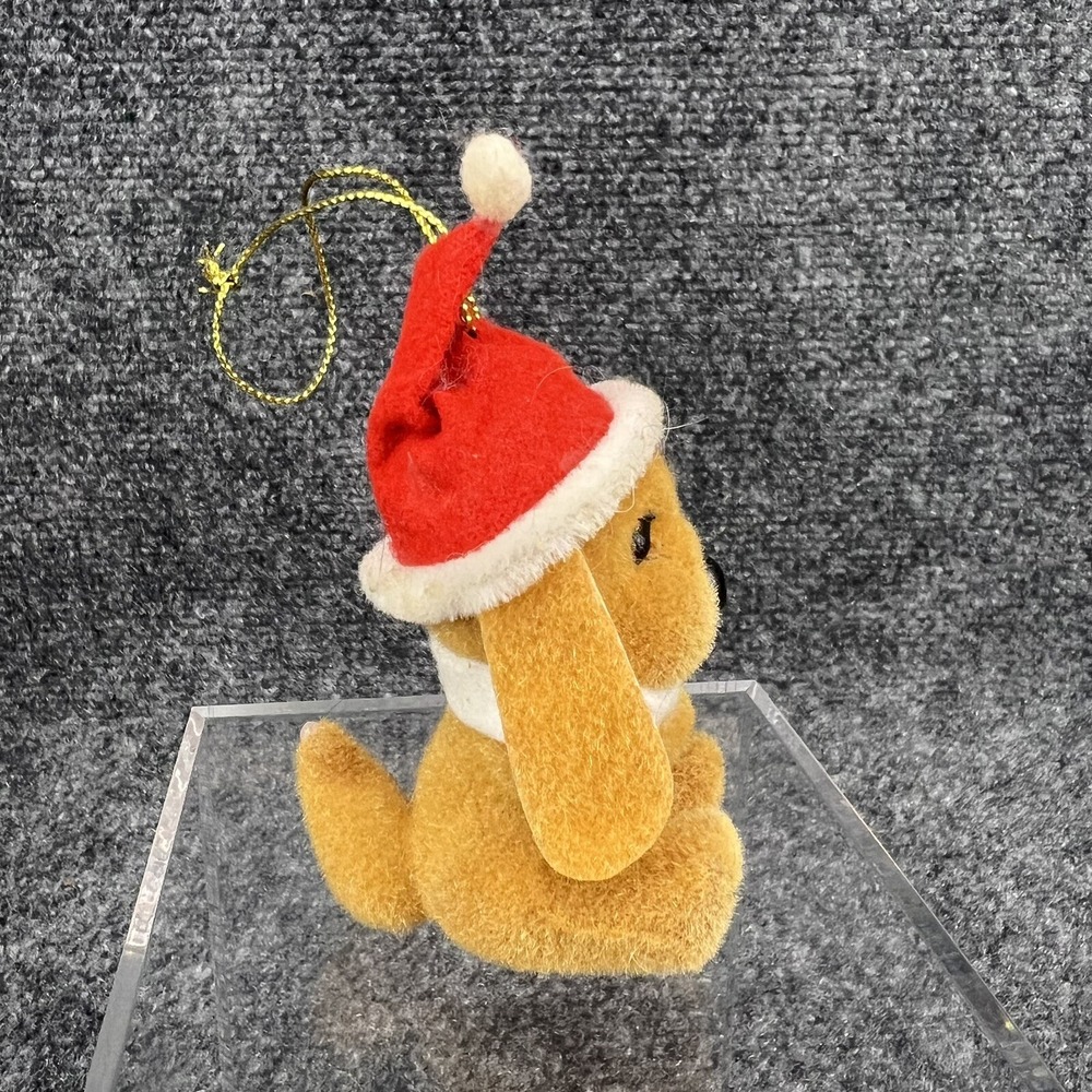Vintage Christmas Ornament Flocked Brown Puppy Dog In Santa Hat W/Scarf & Holly - Picture 6 of 7